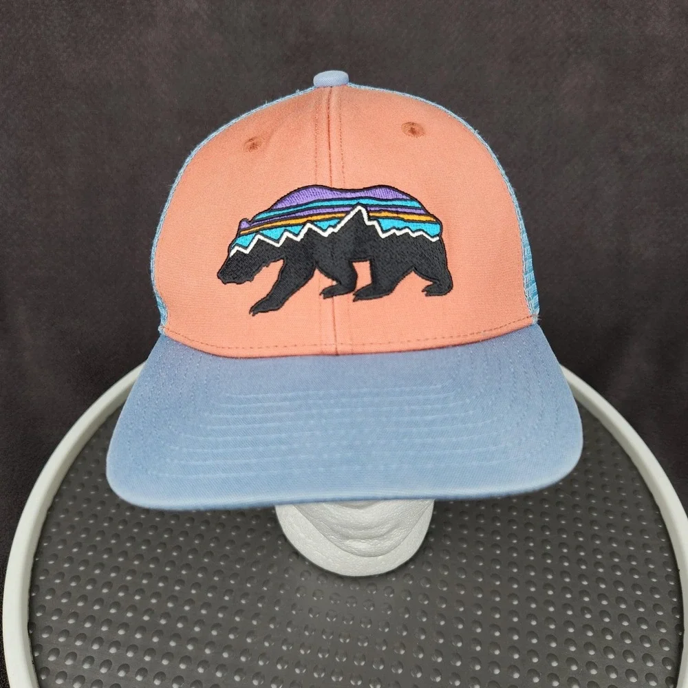 Patagonia Fitz Roy Bear Trucker Hat Cap Snap Back Blue Orange Mesh Kids One Size